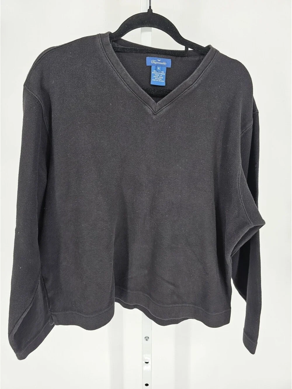 Vtg Faconable Mens Sz XL V Neck Sweater Solid Black Cotton